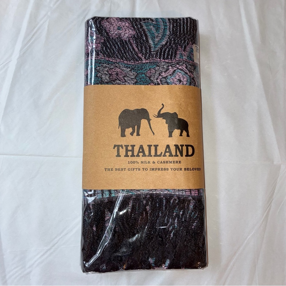 Thailand Silk & Cashmere Scarf - Black with Teal & Pink Paisley - Picture 1 of 5